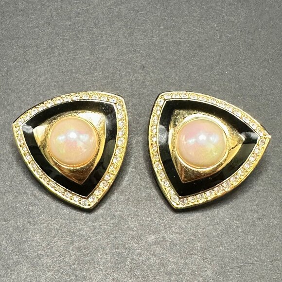Dior Black Enamel, Pearl Crystal Shield Earrings - EUC - Picture 1 of 2